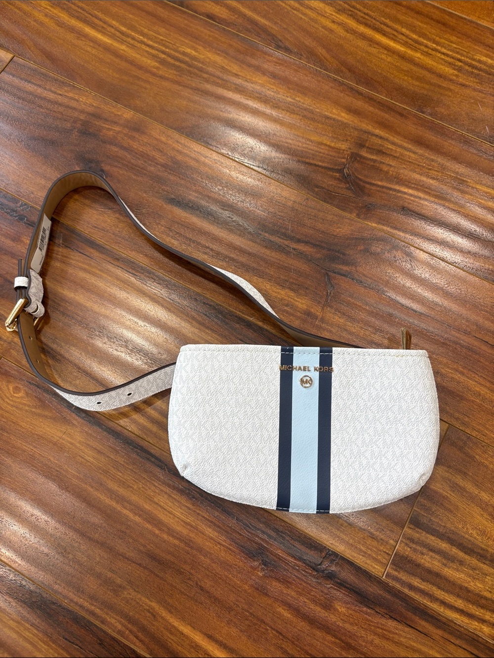 Michael Kors White Canvas Crossbody Belt Bag with Navy and Light Blue Stripes